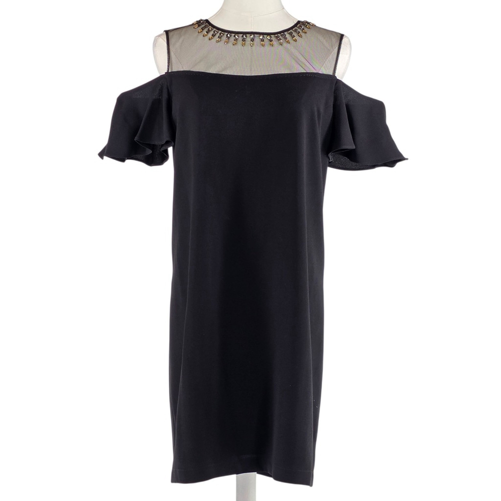 Coquette BCBG MAXAZRIA Candace Cold Shoulder Black Beaded Mesh Dress Women 4 NWT